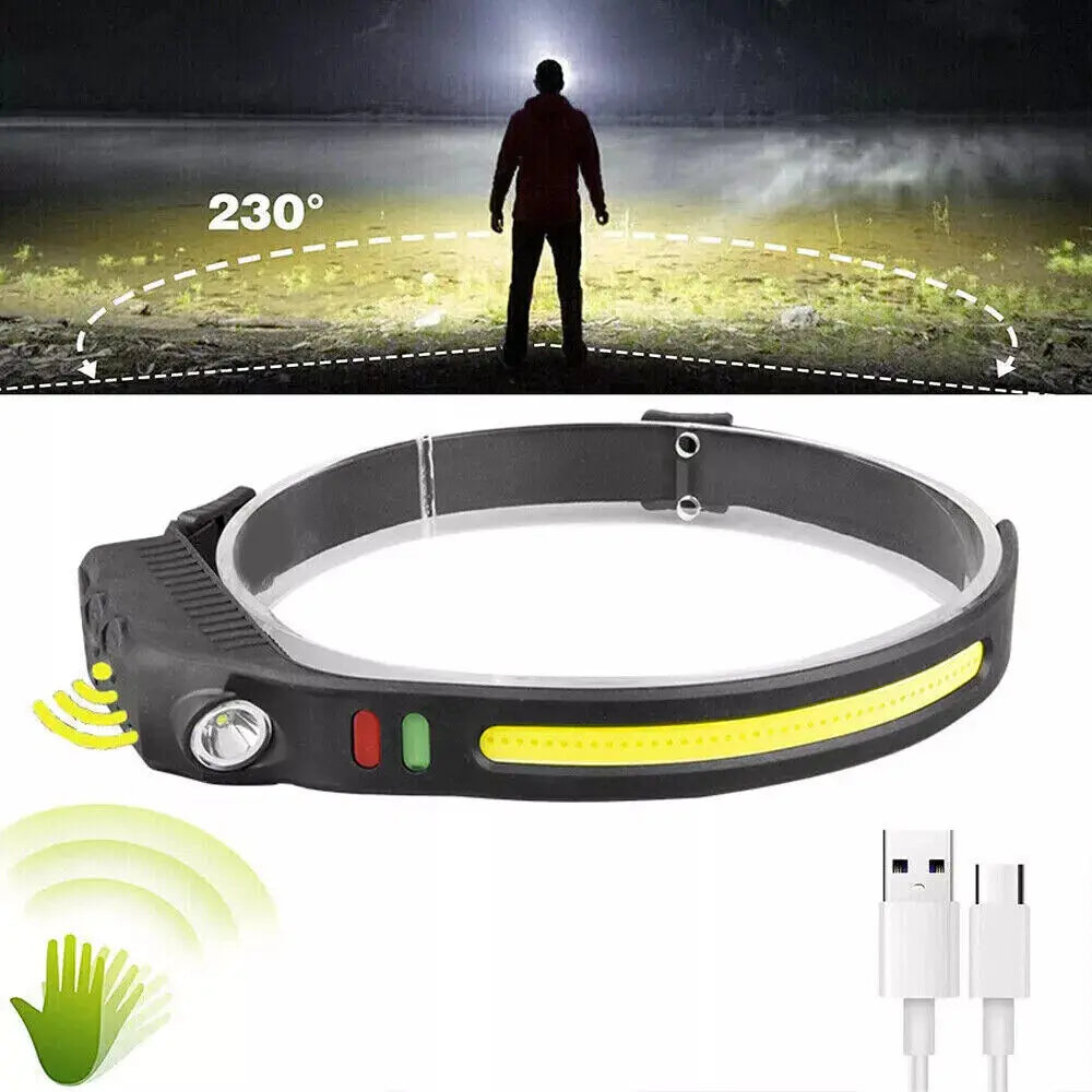 Waterproof COB Headlamp Night LED Motion Sensor Head Torch Headlight USB
