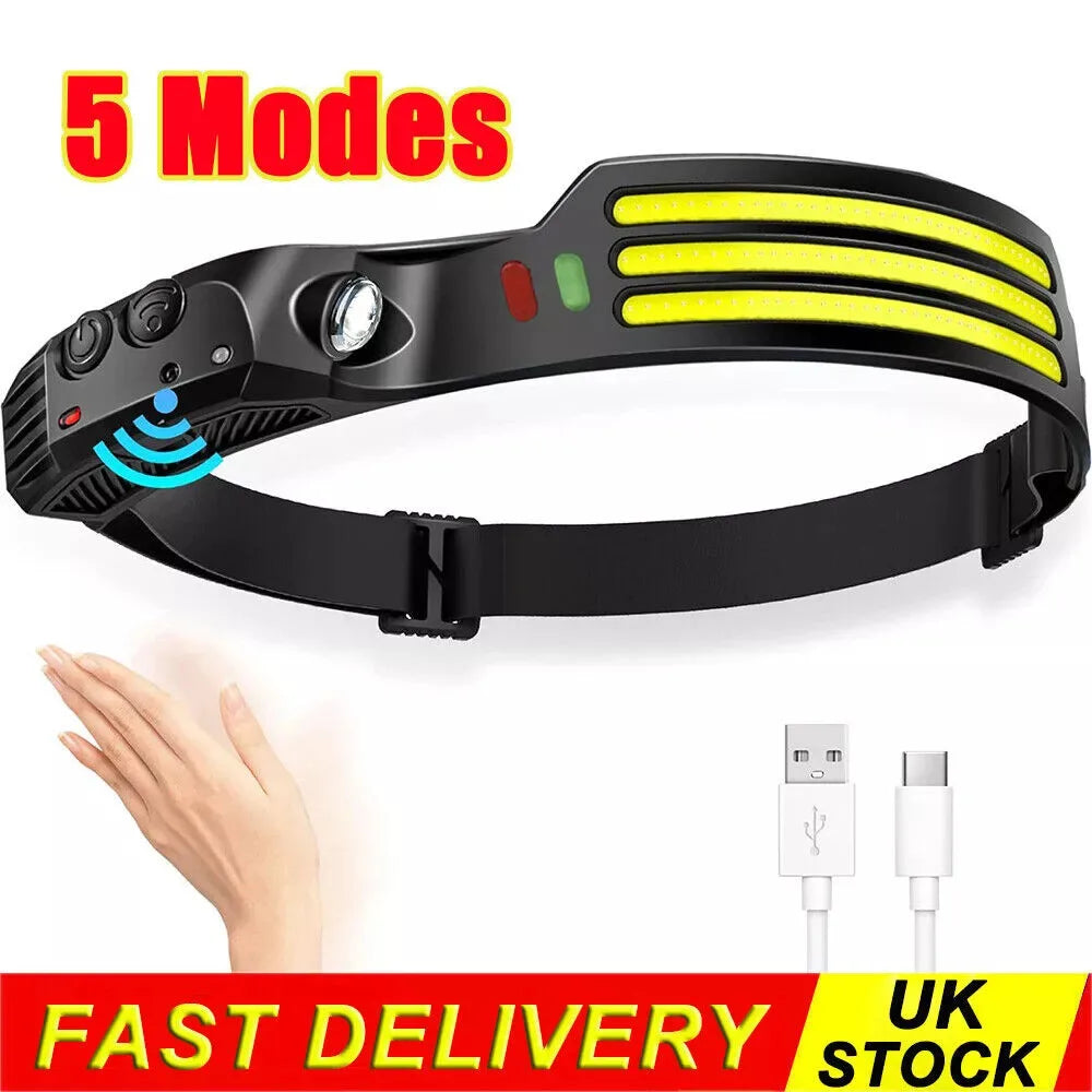 Waterproof COB Headlamp Night LED Motion Sensor Head Torch Headlight USB